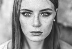 Beautiful woman natural face freckles casual female monochrome portrait lifestyle beauty girl 