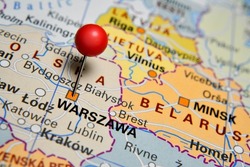 Pin marked city Warsaw (Warszawa) in Poland (Polska) 