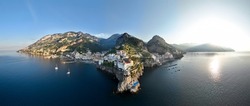 View from above, stunning panoramic view of the villages of Amalfi and Atrani. Amalfi and Atrani are two cities on the Amalfi Coast in the province of Salerno in the Campania region of south Italy.