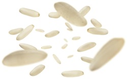 Raw rice levitates on a white background