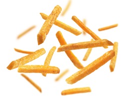 French fries levitate on a white background