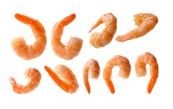 A set of boiled prawns. Isolated on a white background