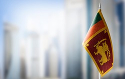 A small flag of Sri Lanka on the background of a blurred background