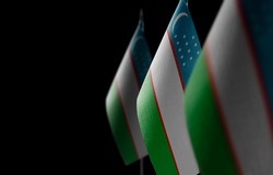 Small national flags of the Uzbekistan on a black background