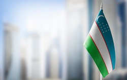 A small flag of Uzbekistan on the background of a blurred background