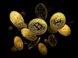 Gold coin Bitcoin levitates on a black background