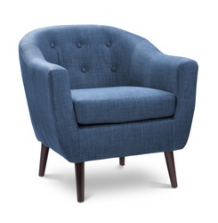 Dark blue navy sapphire color armchair. Modern designer chair on white background. Textile chair.
