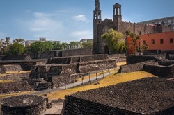 Plaza de las Tres Culturas (Three Culture Square) -in recognition of three periods of Mexican history reflected by the buildings in the plaza at Tlatelolco, Mexico City, Mexico -Ruins of Aztec temple.