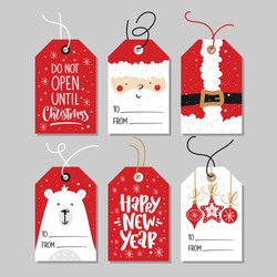 Christmas gift tags set with handwritten calligraphy and decorative elements.