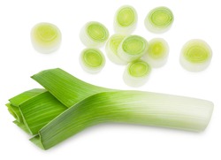 leek with slices isolated on white background. with clipping path. top view
