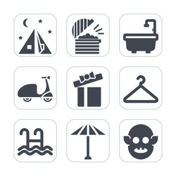Premium fill icons set on white background . Such as fiction, summer, box, ufo, pool, kitchen, sport, food, fashion, japan, celebration, umbrella, alien, present, hanger, bicycle, ride, toilet, coffee