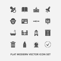 Modern, simple vector icon set with magic, tower, education, toilet, estate, fiction, pacifier, trash, belt, spray, video, monster, sign, literature, box, paint, infant, launch, alien, baby, ufo icons