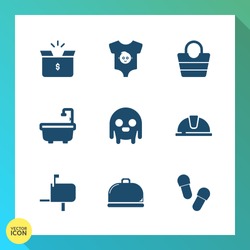 Modern, simple vector icon set on gradient background with cute, mail, post, package, helmet, safety, ufo, fiction, leather, sign, service, hat, style, newborn, work, alien, container, baby, boy icons