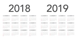 Simple calendar Layout for 2018 and 2019 years. Week starts from Sunday.