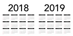 Simple calendar Layout for 2018 and 2019 years. Week starts from Sunday.