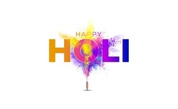 Colorful explosion for Holi festival poster banner creative. Colorful gulal pichkari and text happy Holi