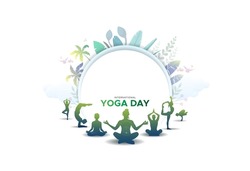 Concept of Yoga with Text International yoga day. Yoga Body Posture. Group of people practicing yoga.