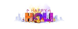 Vector illustration of Holi festival background. Happy Holi Text with People dancing, playing with Colors, Indian city skyline and celebrating Holi festival.