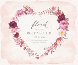 Beautiful Rose Flower and botanical leaf heart shape watercolor digital painted illustration for love wedding valentines day or arrangement invitation design greeting card.