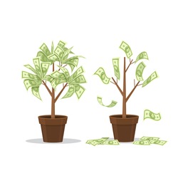 Money trees with and without leaves. . Сoncept of financial crisis. Vector illustration.