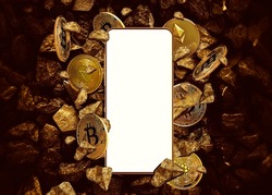 gold mining concpet, mobile phone and gold background