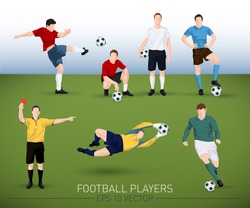 collection of vector football player silhouettes running, standing, holding ball, goalkeeper and judge