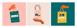 Female hands holding colorful Shopping or gift Bags. Sale sign. Various percents. Sack for purchases, presents. Set of three Hand drawn vector illustrations. Shopping, sale concept
