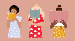 Set of three Girls that are reading Books while standing. Young women. Beautiful dresses with prints. Read more books concept. Hand drawn Vector trendy illustration. Pastel colors