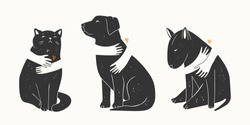 Adopt a Friend. Do not buy a Pet. Human hands are hugging Dogs and Cat. Animal care, adoption concept. Help the homeless animals find a home. Set of three Hand drawn Vector illustrations