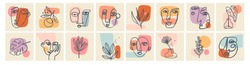 Big Set of Various Faces, Leaves, Flowers, abstract shapes. Ink painting style. Contemporary Hand drawn Vector illustrations. Continuous line, minimalistic elegant concept. All elements are isolated