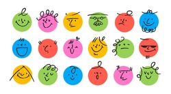 Round abstract comic Faces with various Emotions. Crayon drawing style. Different colorful characters. Cartoon style. Flat design. Hand drawn trendy Vector illustration. Every face is isolated