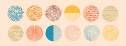 Set of round Abstract colorful Backgrounds or Patterns. Hand drawn doodle shapes. Spots, drops, curves, Lines. Contemporary modern trendy Vector illustration. Posters, Social media Icons templates
