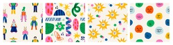 Abstract characters, various bright doodle shapes. Disproportionate faces. Different figures. Set of three Hand drawn Vector seamless Patterns. Background, wallpaper, Wrapping, textile template