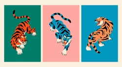 Abstract Tigers. Tiger walk. Japanese or Chinese oriental style. Set of three Hand drawn colored Vector illustrations. Print, logo, poster template, tattoo idea. Symbol of 2022 new year