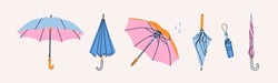 Set of different Umbrellas in various positions. Open and folded umbrellas. Muted colors. Hand drawn colored Vector illustration. Cartoon style. Design templates. All elements are isolated