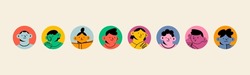 Portraits of diverse young people. Cute funny characters. Trendy modern art. Cartoon, minimal, abstract contemporary style. Round avatar, icon, logo templates. Hand drawn Vector isolated illustrations