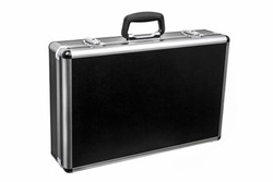 Black padded aluminum briefcase case with metal corners isolated on white background
