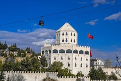Ankara Turkey - 06.11.2023 Ankara cable cars, tower and estergon castle, symbols of the keçiören district                      