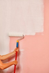 An old fleecy paint roller in the female hands painting pink wallpaper on the wall with white paint. Copy space.