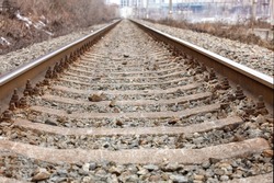 Parallel rails, converging on each other in a blur on the horizon, are attached to concrete sleepers with metal bolts.