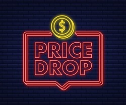 Price drop neon banner template design. Sale special offer. Vector stock illustration.