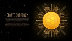 Cryptocurrency logo. Ripple in flat style on golden background. Vector design isolated. Internet technology.