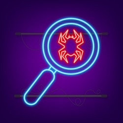 Search virus computer in flat style. Neon icon. Protection symbol. Internet technology. Data protection. Vector illustration