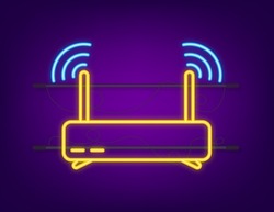 Network Router neon icon. Wifi router, wireless broadband modem. Communication Access Network. Vector stock illustration.