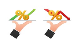 Hands with tray, percentage with arrow up and down. Banking, credit, interest rate. Vector stock illustration.