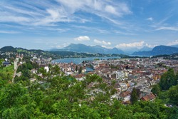 Aerial panorama of Luzern, Switzerland.. The city lies along the banks of Lake Lucerne and Reuss river.                     