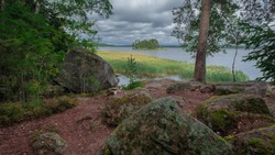 The nature of the Karelian Isthmus stone islands in the Gulf of Finland. The landscape opens from the Mon Repos park near Vyborg russia in fall.