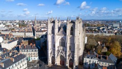 Aerial photo of Saint Pierre and Saint Paul cathedral in Nantes city center, France