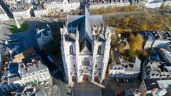 Aerial photo of Saint Pierre and Saint Paul cathedral in Nantes city center, France