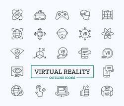 Virtual Reality thin line icons. VR Elements Set with sign of glasses, 3d panoramic view